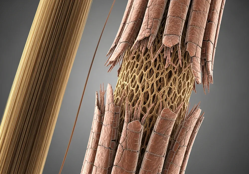 본문 이미지: A high-quality 3D microscopic close-up illustration of a damaged human hair strand. The image viv...