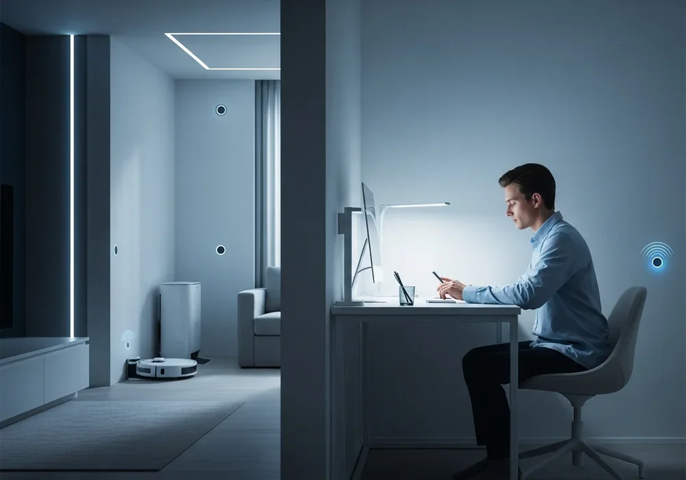 본문 이미지: A photorealistic image of a modern, futuristic smart home interior in 2026. A young professional ...