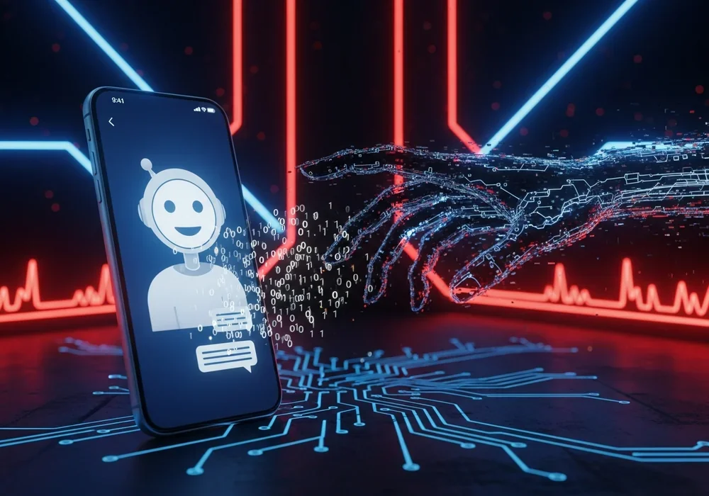 본문 이미지: A conceptual 3D illustration depicting a smartphone screen showing a friendly, smiling AI chatbot...