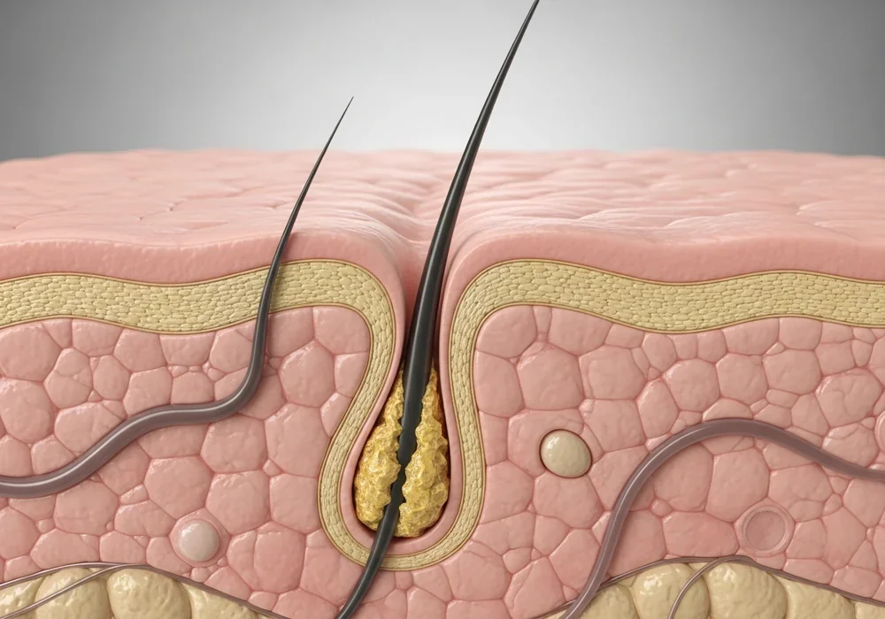 본문 이미지: A high-quality 3D medical cross-section illustration of human scalp skin and hair follicles. The ...