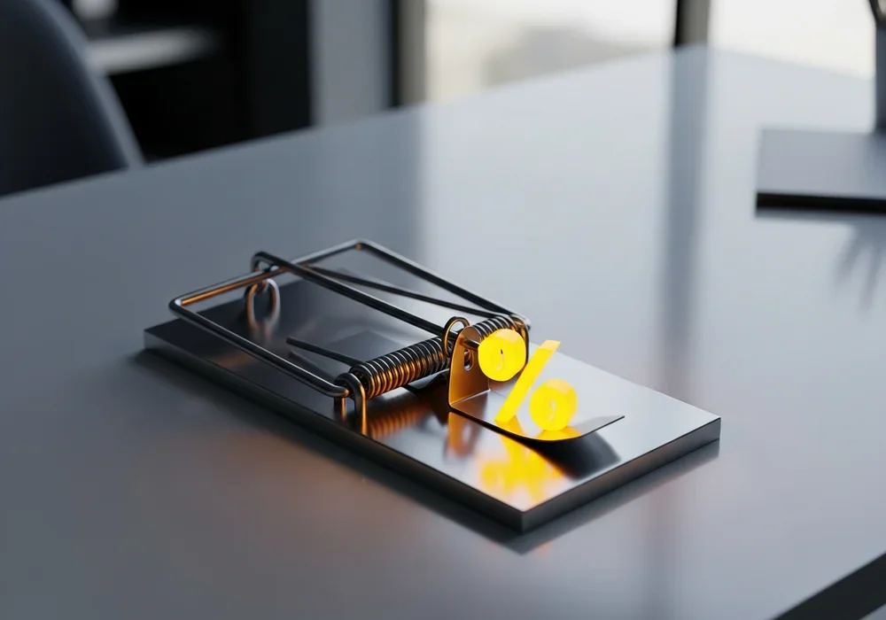본문 이미지: A high-quality isometric 3D render of a metal mousetrap placed on a clean, professional office de...