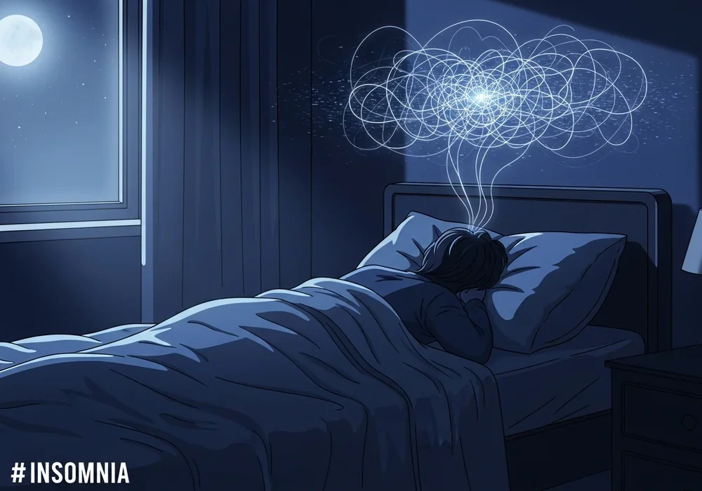 본문 이미지: A conceptual digital illustration representing insomnia and brain fatigue. A silhouette of a pers...