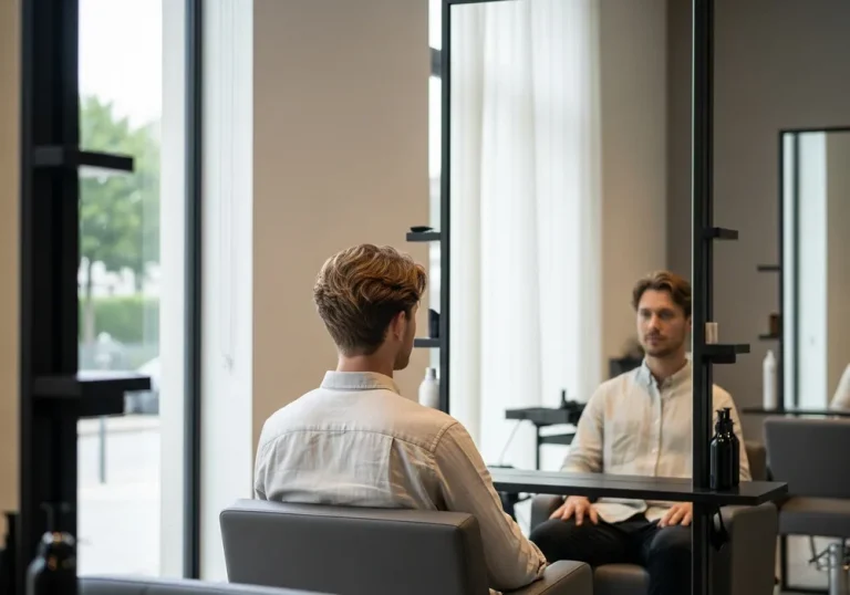 본문 이미지: A high-resolution photograph taken inside a modern, minimalist hair salon. A stylish man is sitti...